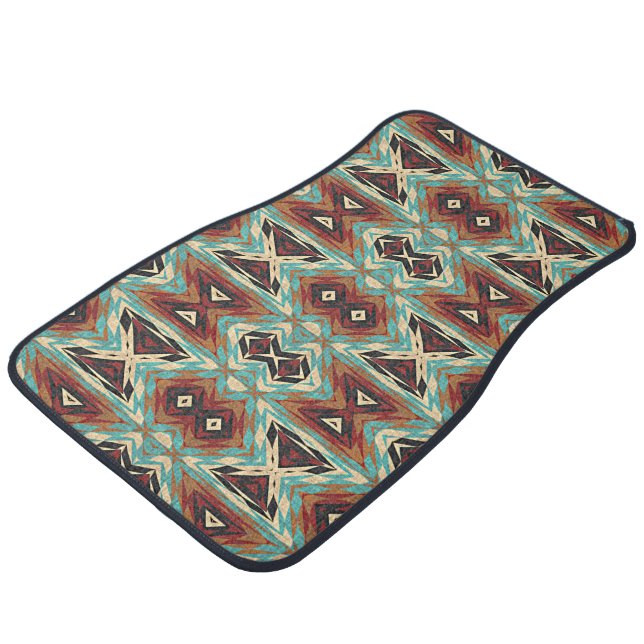 Brown Aqua Teal Blue Green Orange Tribal Art Car Floor Mat (Angled)
