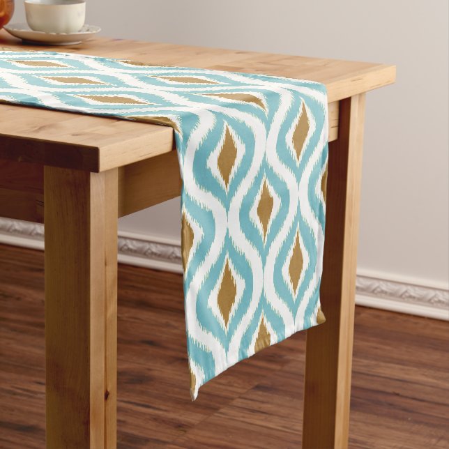 Brown Aqua Teal Blue Ikat Ogee Art Pattern Short Table Runner (In Situ)