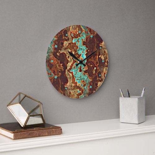 Brown Aqua Teal Turquoise Green Geode Marble Art Large Clock