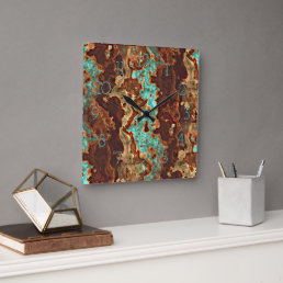 Brown Aqua Teal Turquoise Green Geode Marble Art Square Wall Clock