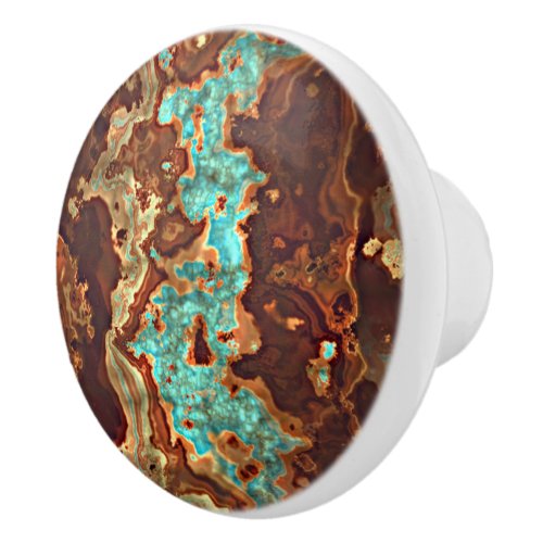Brown Aqua Turquoise Green Geode Marble Art Ceramic Knob