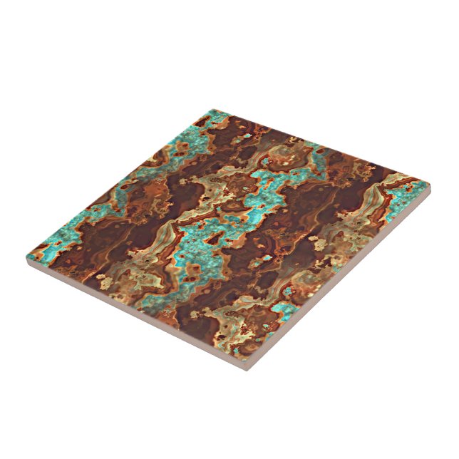 Brown Aqua Turquoise Green Geode Marble Art Ceramic Tile (Side)