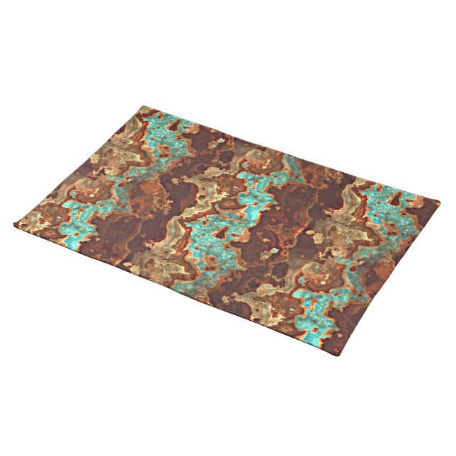 Brown Aqua Turquoise Green Geode Marble Art Cloth Placemat (On Table)