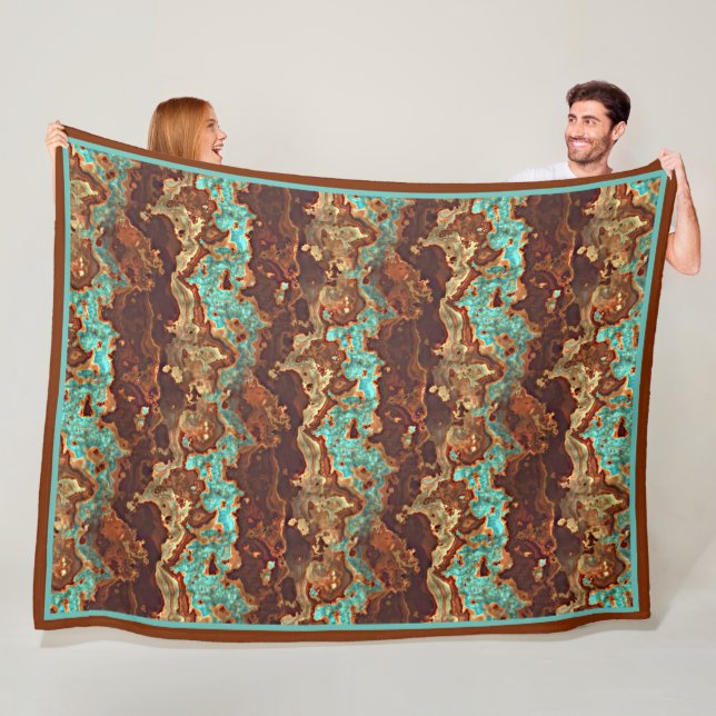 Brown Aqua Turquoise Green Geode Marble Art Fleece Blanket (In Situ)