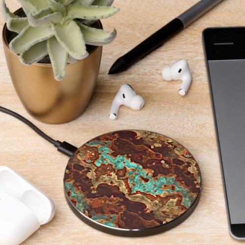 Brown Aqua Turquoise Green Geode Marble Art Wireless Charger