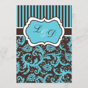 Brown, Aqua, White Striped Damask Wedding Invite