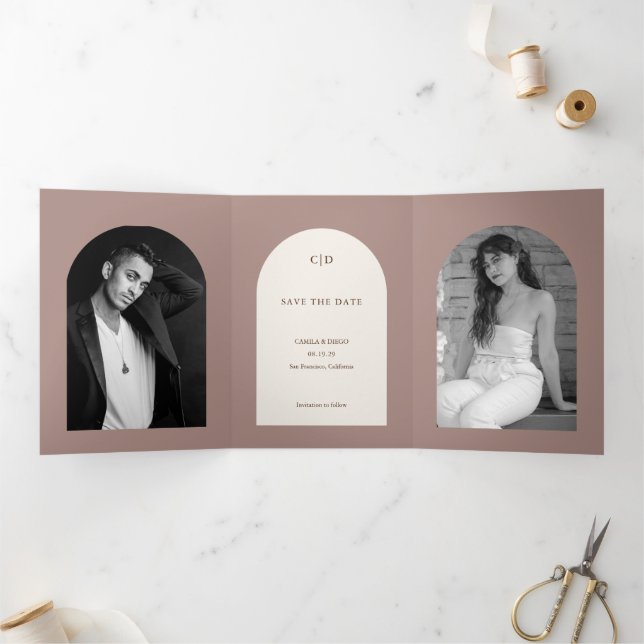 Brown Arch Photo Wedding Save the Date Tri-Fold Announcement (Inside)