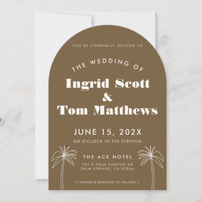 Brown Arched Minimalist Tropics Wedding Invitation (Front)
