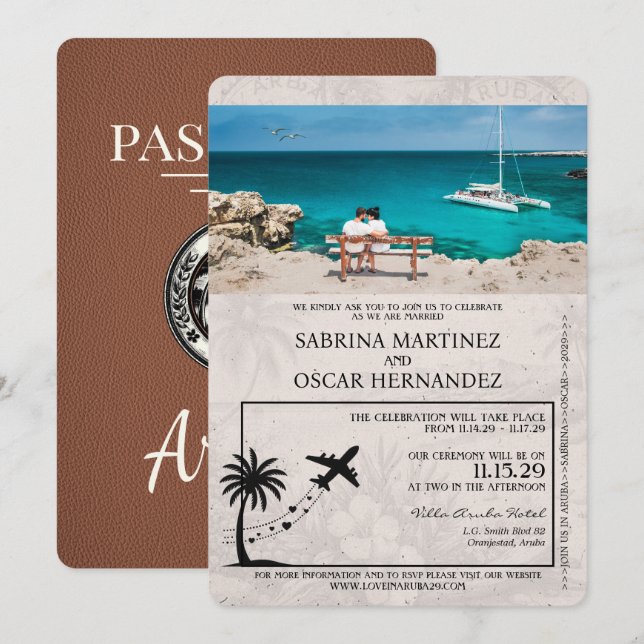 Brown Aruba Passport Wedding Invitation (Front/Back)