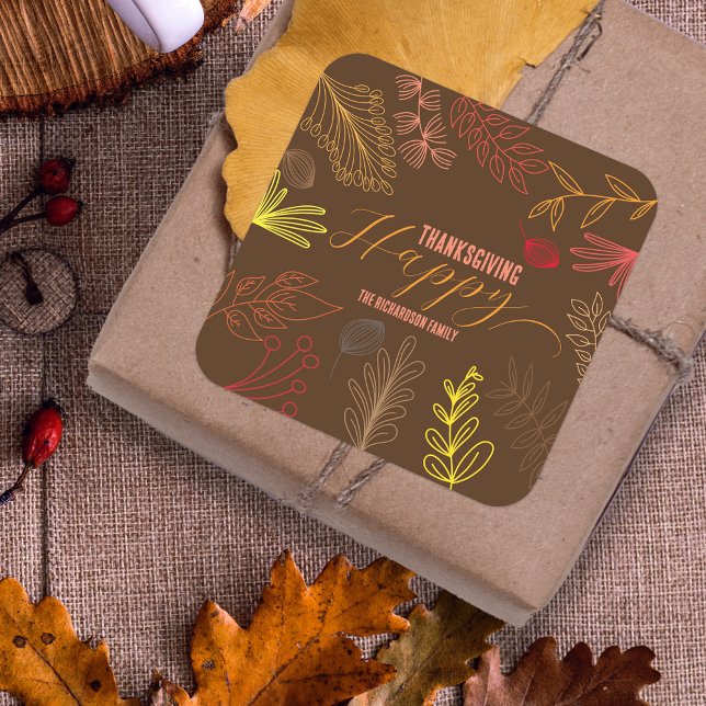Brown Autumn Leaves Family Thanksgiving Favor Square Sticker (Creator Uploaded)