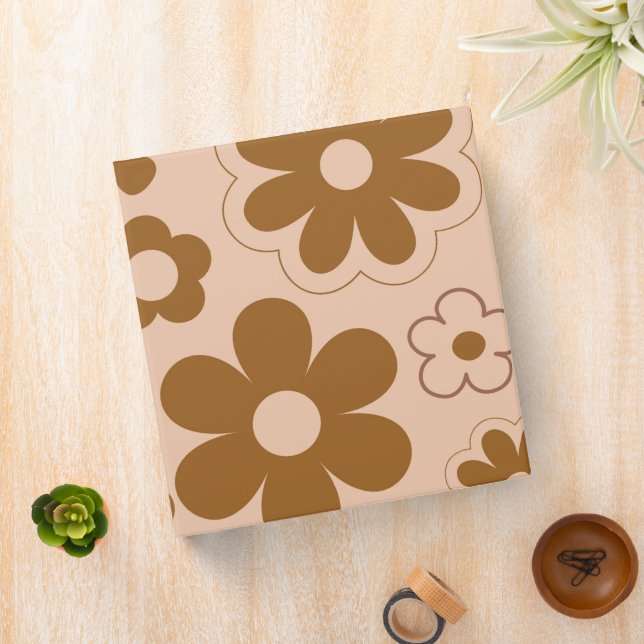 Brown Autumn Retro Y2K Hippie Flower Pattern 3 Ring Binder (In Situ)
