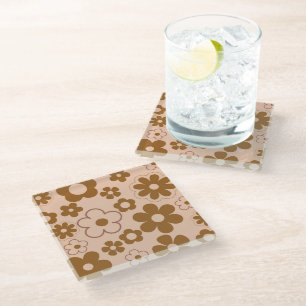 Brown Autumn Retro Y2K Hippie Flower Pattern Glass Coaster