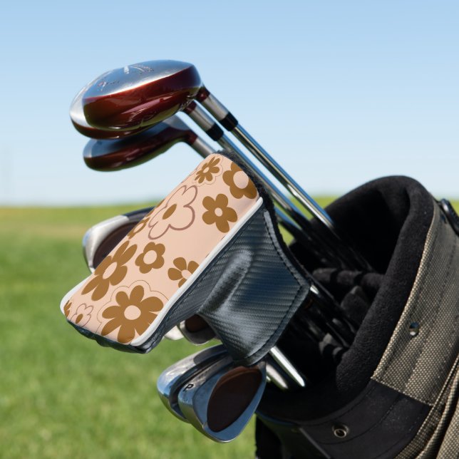 Brown Autumn Retro Y2K Hippie Flower Pattern Golf Head Cover (In Situ)