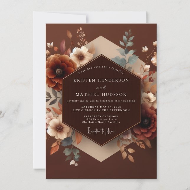 Brown Autumnal Bloom Wedding Invitation (Front)