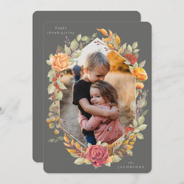 Brown Autumnal Florals Thanksgiving Photo Card (Front/Back)