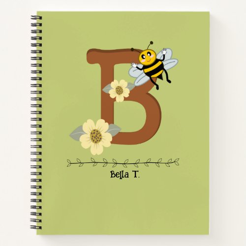 Brown B Letter Bee and Flowers pattern Notebook