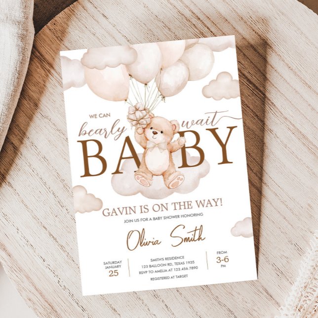 Brown Baby Bear Balloon Baby Shower Invitation (Brown Bearly Wait Baby Bear Balloon Baby Shower Invitation
)