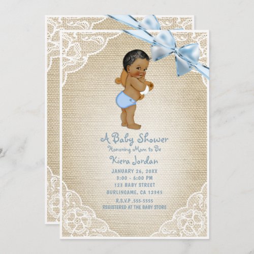 Brown Baby Boy Bear  Blue Bow Burlap Baby Shower Invitation