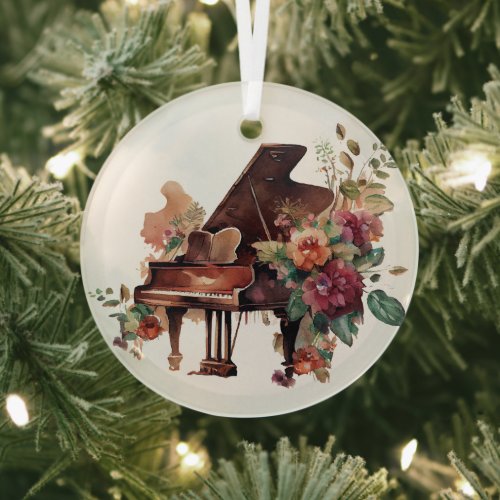 Brown Baby Grand Piano Watercolor Glass Ornament