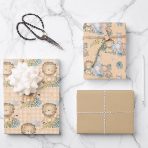 Brown Baby Lion Elephant Rhino Wrapping Paper She