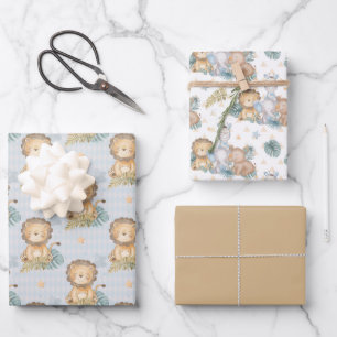 Brown Baby Lion Elephant Rhino Wrapping Paper Sheets