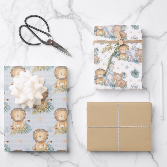 Brown Baby Lion Elephant Rhino  Wrapping Paper Sheets (Front)