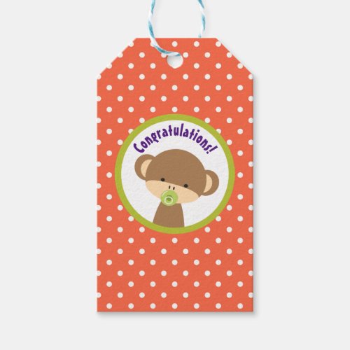 Brown Baby Monkey with Pacifier Congratulations Gift Tags