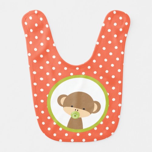 Brown Baby Monkey with Pacifier on Polka Dots Baby Bib