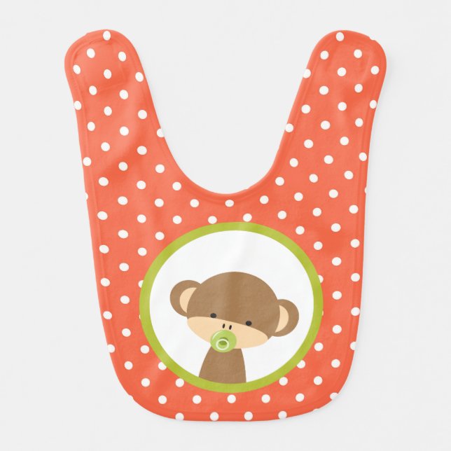 Brown Baby Monkey with Pacifier on Polka Dots Baby Bib (Front)