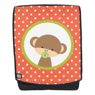 Brown Baby Monkey with Pacifier on Polka Dots Backpack