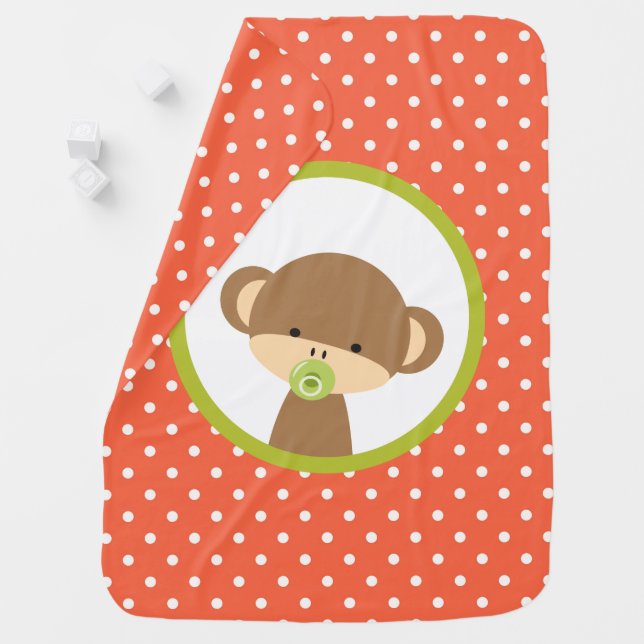 Brown Baby Monkey with Pacifier on Polka Dots Swaddle Blanket (In Situ)