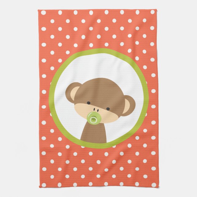 Brown Baby Monkey with Pacifier on Polka Dots Towel (Vertical)