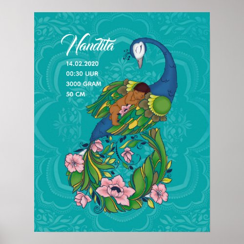 Brown Baby sleeping on a Floral Peacock Poster