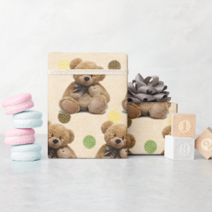 Brown Baby Teddy Bears On Polka Dots Wrapping Paper