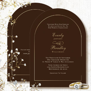 Brown Background Gold Arch Minimal Elegant Wedding Invitation