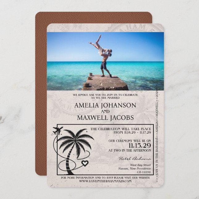 Brown Bahamas Passport Wedding Invitation (Front/Back)