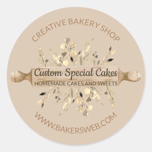  Brown Bakery Flowers Cooking Rolling Pin Classic Round Sticker