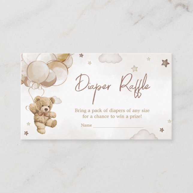 Brown Balloon Bear Baby Shower Diaper Raffle Enclosure Card (Front)