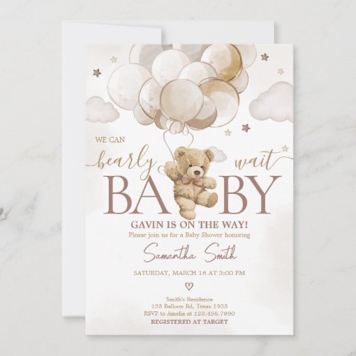 Brown Balloon Bear Baby Shower Invitation | Zazzle