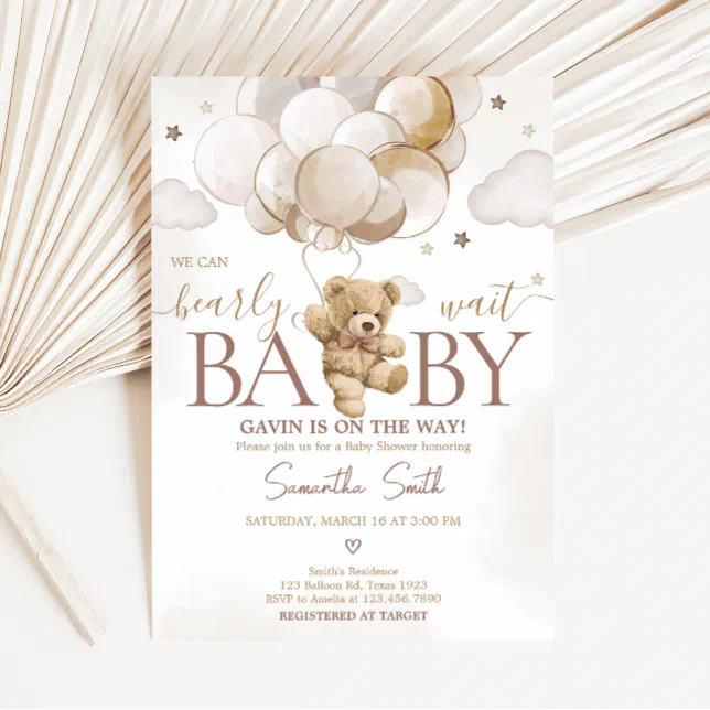 Brown Balloon Bear Baby Shower Invitation | Zazzle