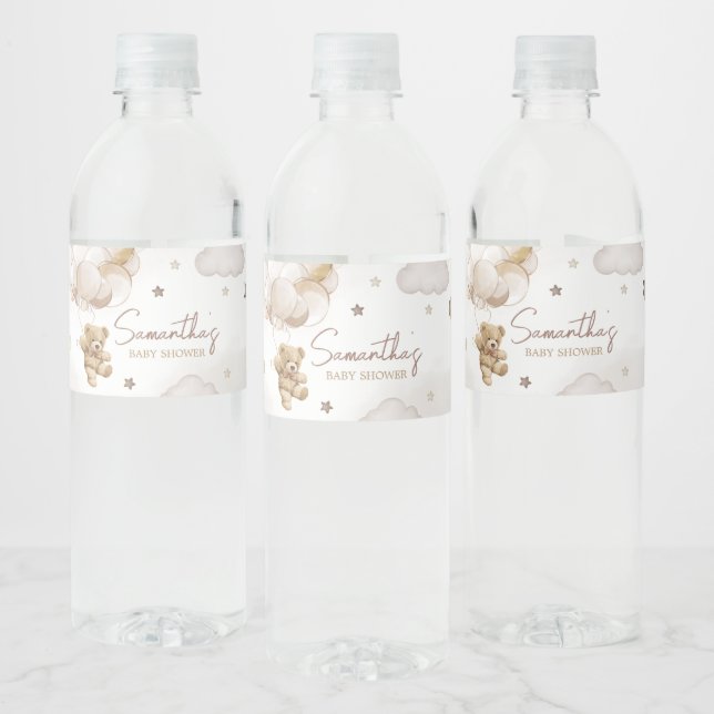 Brown Balloon Bear Baby Shower  Water Bottle Label (Bottles)