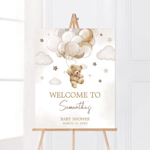 Brown Balloon Bear Baby Shower Welcome Poster