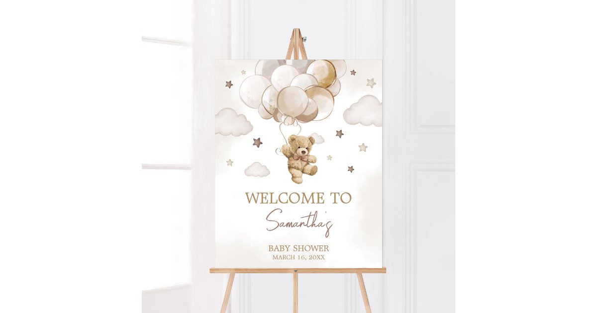 Brown Balloon Bear Baby Shower Welcome Poster | Zazzle