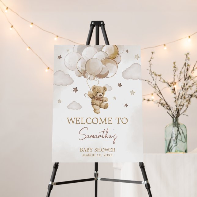 Brown Balloon Bear Baby Shower Welcome Sign (In Situ (Stand))