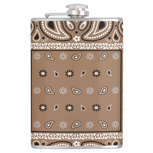 Brown Bandana Paisley Country Hip Hop Cowboy Flask (Front)