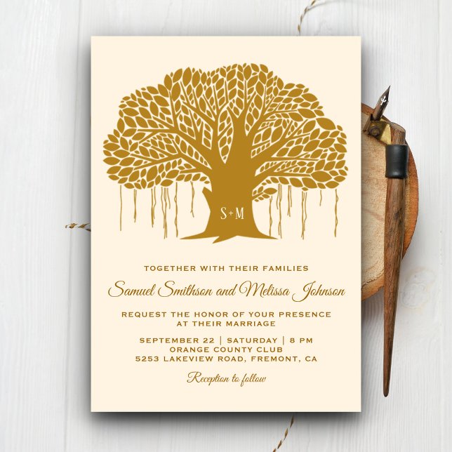 Brown Banyan Tree Monogram Wedding Invitation (Creator Uploaded)
