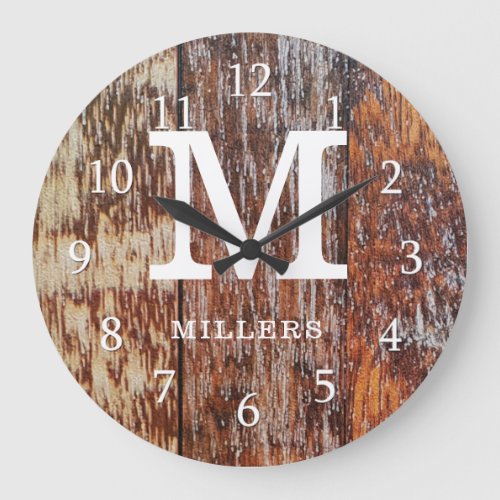 Brown Barn Wood Farmhouse Monogram Large Clock