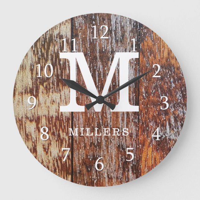 Brown Barn Wood Farmhouse Monogram Large Clock (Front)