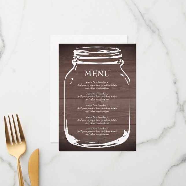Brown barn wood mson jar wedding menu template (Front/Back In Situ)