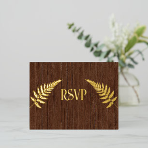 Brown Barnboard and Gold Foil RSVP Foil Invitation Postcard